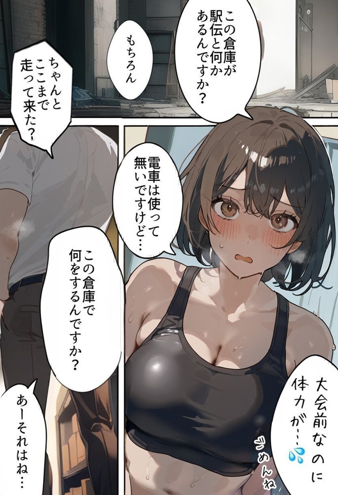 開催！寝取られ駅伝〜陸上女子は大会中に先輩OB達に中出し孕ませられても繋げ！精子塗れのバトンで優勝狙う！大学で遠距離になる前最後の幼馴染彼氏との初セックスは延期で色黒チャラ男OBに寝取られる話 エロ同人誌画像 010